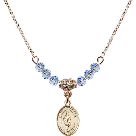 14kt Gold Filled Saint Gregory the Great Birthstone Necklace with Light Sapphire Beads - 9048