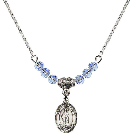 Sterling Silver Saint Gregory the Great Birthstone Necklace with Light Sapphire Beads - 9048