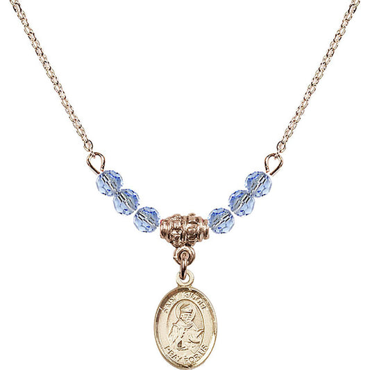 14kt Gold Filled Saint Isidore of Seville Birthstone Necklace with Light Sapphire Beads - 9049