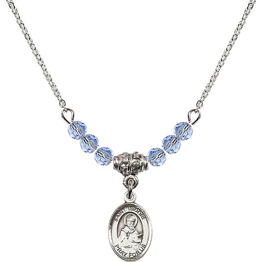 Sterling Silver Saint Isidore of Seville Birthstone Necklace with Light Sapphire Beads - 9049