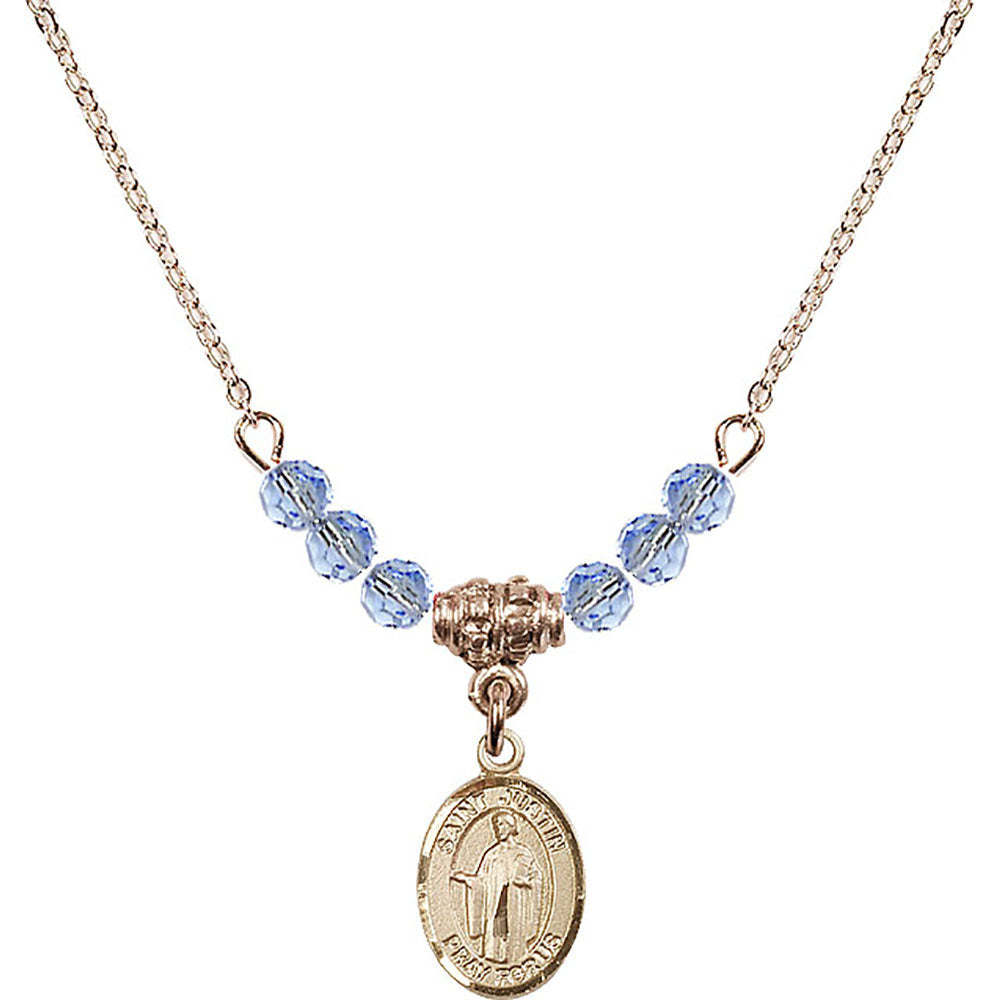 14kt Gold Filled Saint Justin Birthstone Necklace with Light Sapphire Beads - 9052