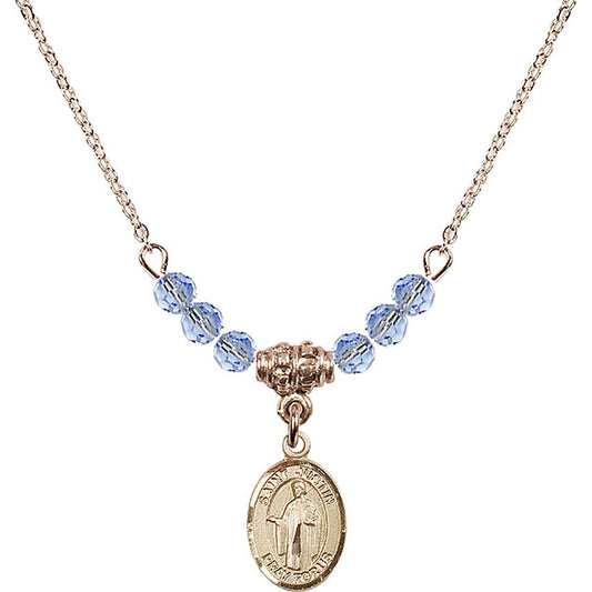 14kt Gold Filled Saint Justin Birthstone Necklace with Light Sapphire Beads - 9052