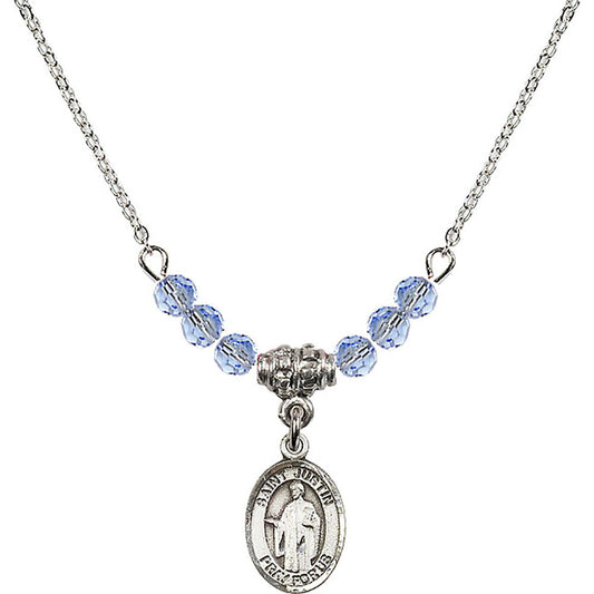 Sterling Silver Saint Justin Birthstone Necklace with Light Sapphire Beads - 9052