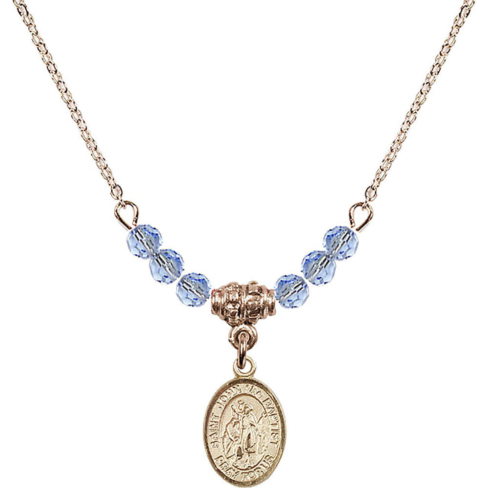 14kt Gold Filled Saint John the Baptist Birthstone Necklace with Light Sapphire Beads - 9054