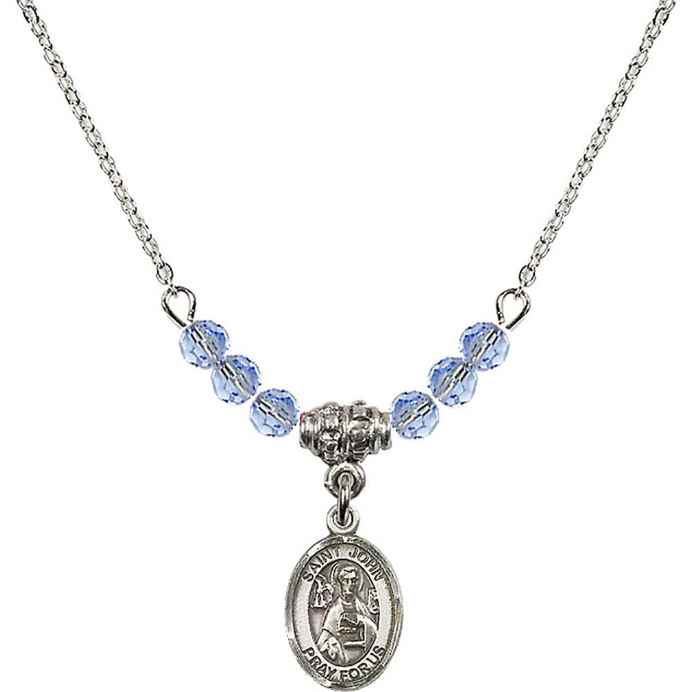 Sterling Silver Saint John the Apostle Birthstone Necklace with Light Sapphire Beads - 9056