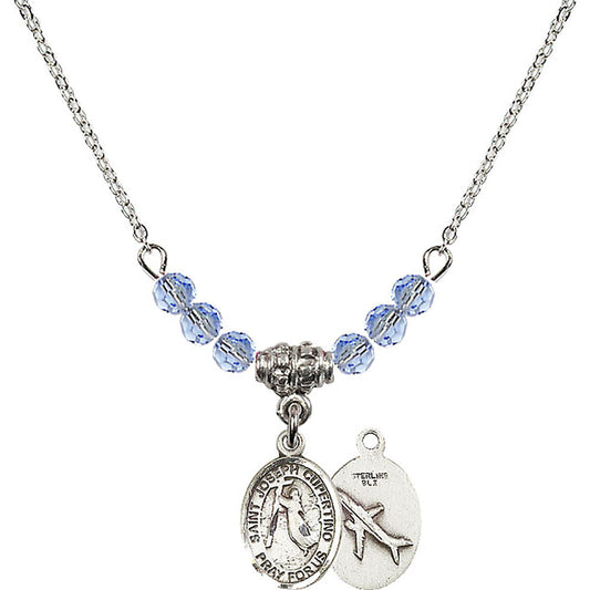 Sterling Silver Saint Joseph of Cupertino Birthstone Necklace with Light Sapphire Beads - 9057