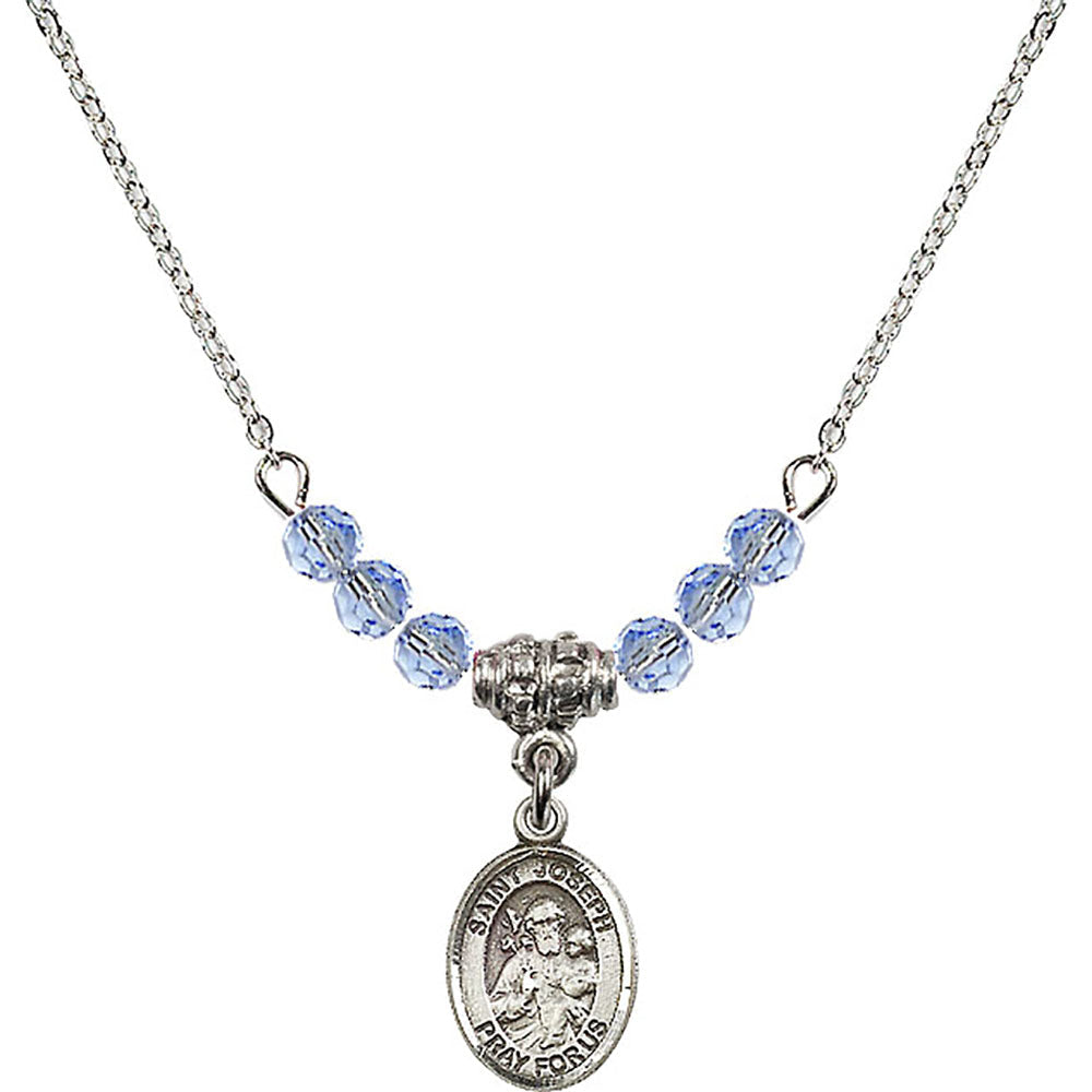 Sterling Silver Saint Joseph Birthstone Necklace with Light Sapphire Beads - 9058