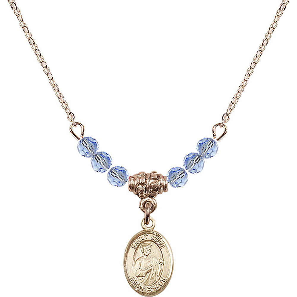 14kt Gold Filled Saint Jude Thaddeus Birthstone Necklace with Light Sapphire Beads - 9060