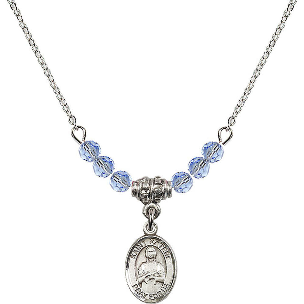 Sterling Silver Saint Kateri Tekakwitha Birthstone Necklace with Light Sapphire Beads - 9061