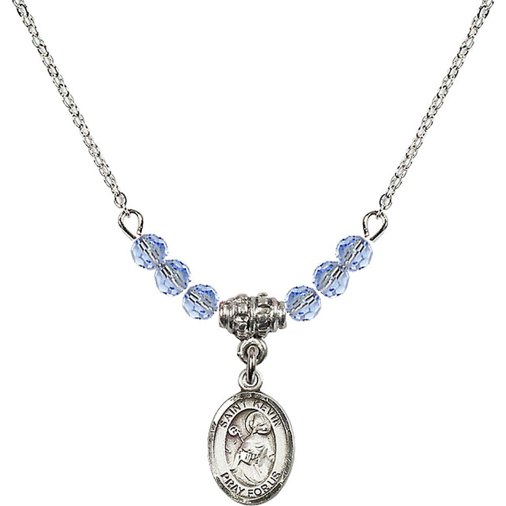Sterling Silver Saint Kevin Birthstone Necklace with Light Sapphire Beads - 9062