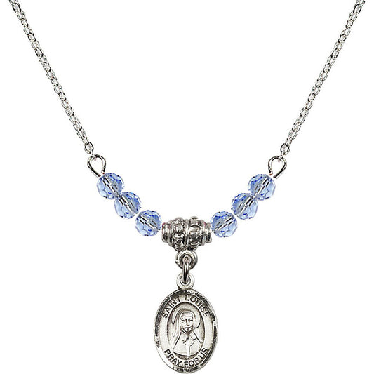 Sterling Silver Saint Louise de Marillac Birthstone Necklace with Light Sapphire Beads - 9064