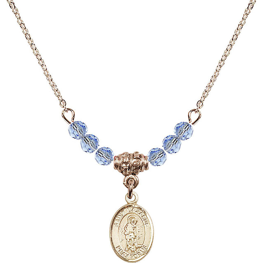 14kt Gold Filled Saint Lazarus Birthstone Necklace with Light Sapphire Beads - 9066