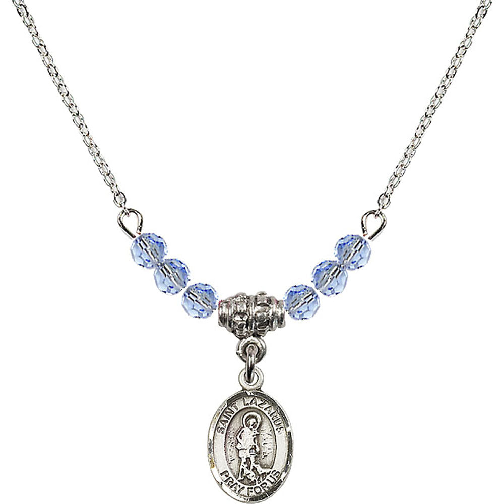 Sterling Silver Saint Lazarus Birthstone Necklace with Light Sapphire Beads - 9066