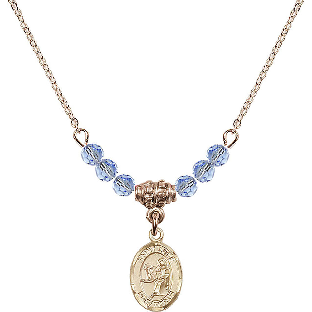 14kt Gold Filled Saint Luke the Apostle Birthstone Necklace with Light Sapphire Beads - 9068
