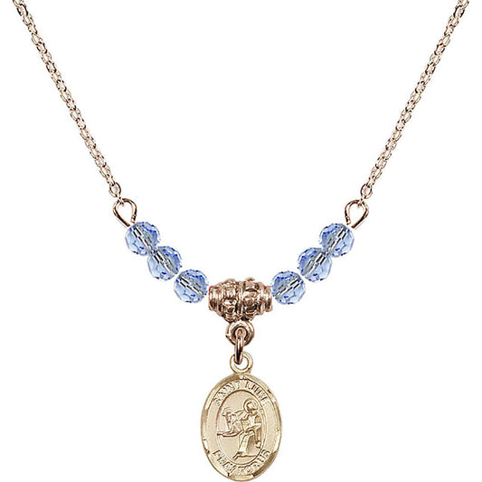 14kt Gold Filled Saint Luke the Apostle Birthstone Necklace with Light Sapphire Beads - 9068