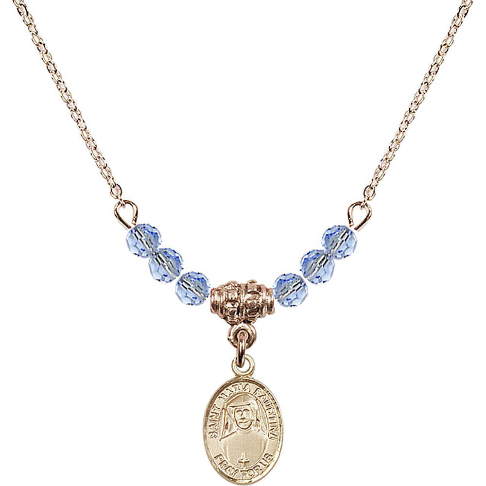 14kt Gold Filled Saint Maria Faustina Birthstone Necklace with Light Sapphire Beads - 9069
