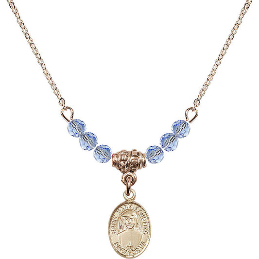14kt Gold Filled Saint Maria Faustina Birthstone Necklace with Light Sapphire Beads - 9069