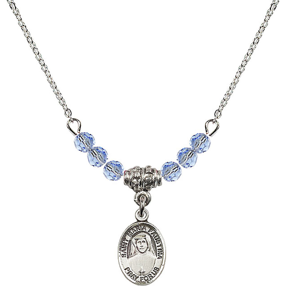 Sterling Silver Saint Maria Faustina Birthstone Necklace with Light Sapphire Beads - 9069