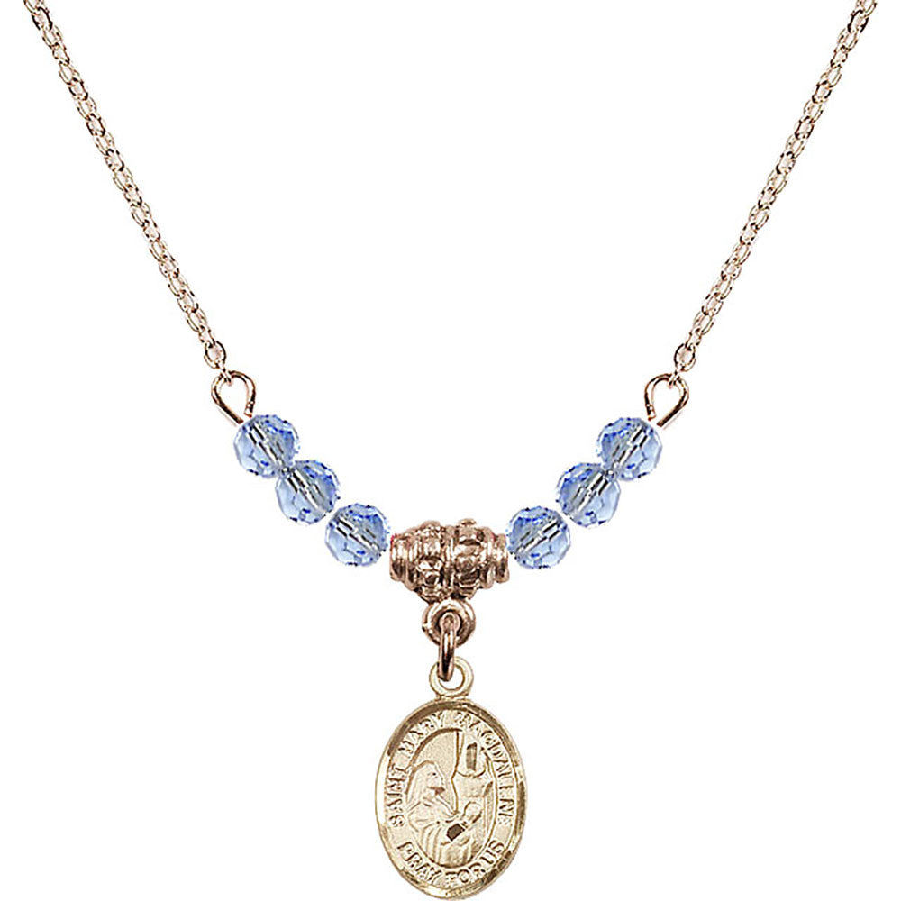 14kt Gold Filled Saint Mary Magdalene Birthstone Necklace with Light Sapphire Beads - 9071