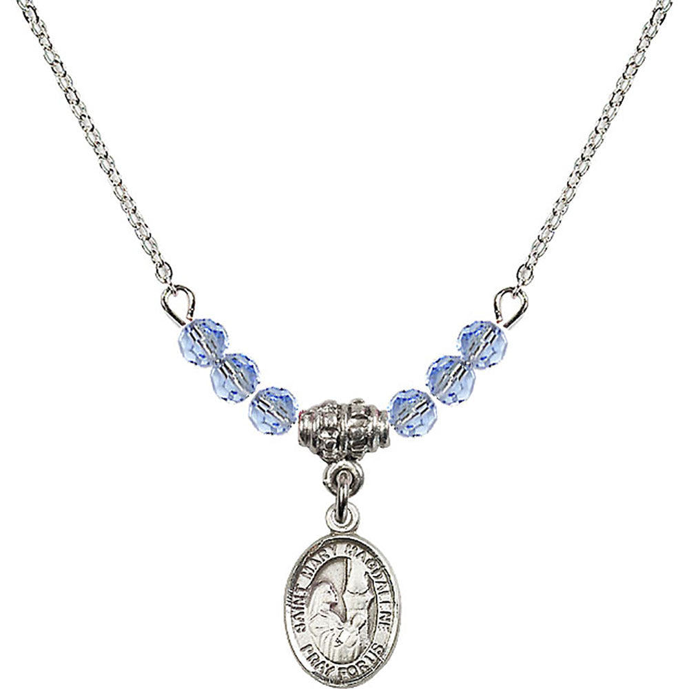 Sterling Silver Saint Mary Magdalene Birthstone Necklace with Light Sapphire Beads - 9071