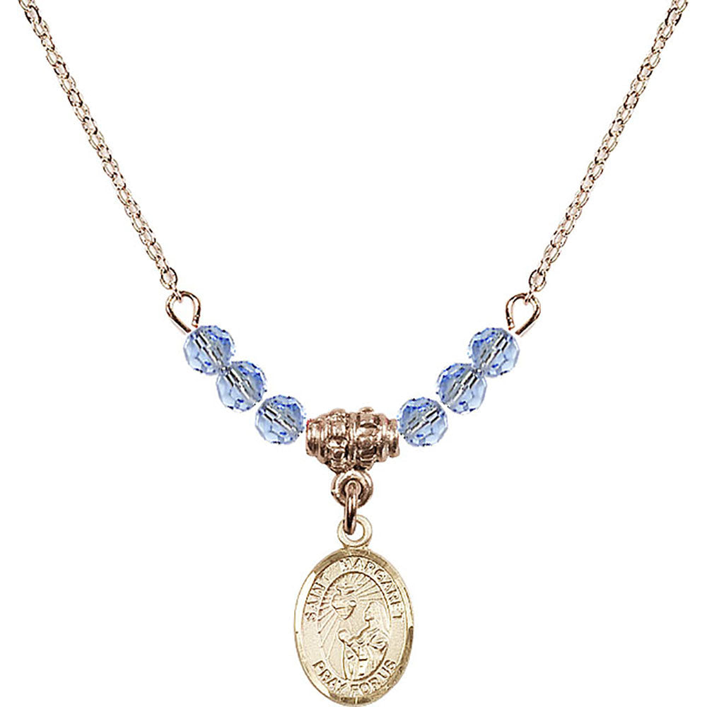 14kt Gold Filled Saint Margaret Mary Alacoque Birthstone Necklace with Light Sapphire Beads - 9072