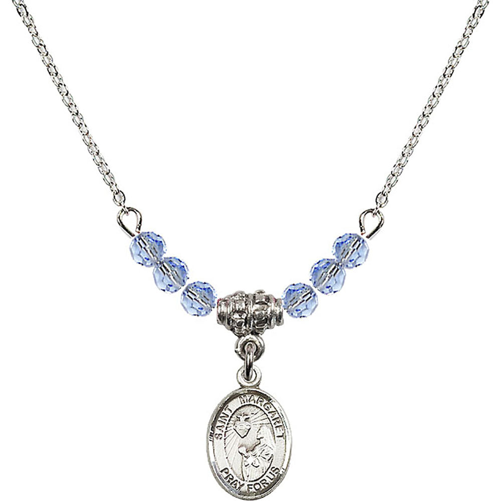 Sterling Silver Saint Margaret Mary Alacoque Birthstone Necklace with Light Sapphire Beads - 9072