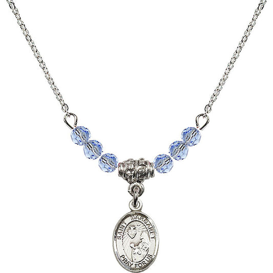 Sterling Silver Saint Margaret Mary Alacoque Birthstone Necklace with Light Sapphire Beads - 9072