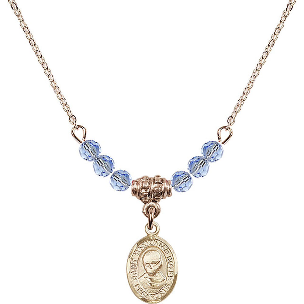 14kt Gold Filled Saint Maximilian Kolbe Birthstone Necklace with Light Sapphire Beads - 9073
