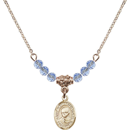 14kt Gold Filled Saint Maximilian Kolbe Birthstone Necklace with Light Sapphire Beads - 9073