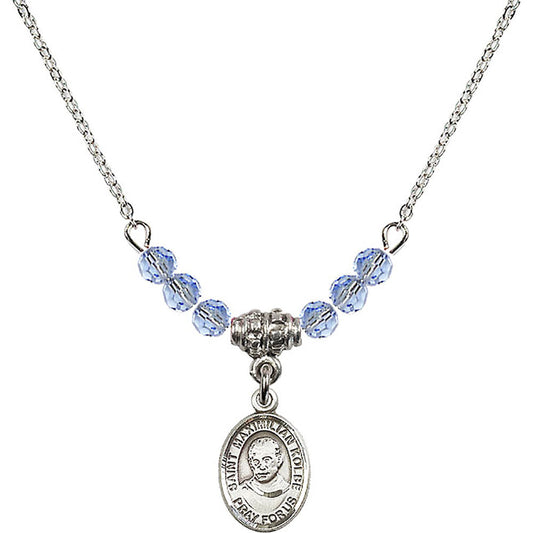 Sterling Silver Saint Maximilian Kolbe Birthstone Necklace with Light Sapphire Beads - 9073
