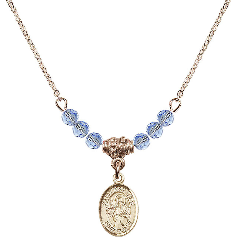 14kt Gold Filled Saint Matthew the Apostle Birthstone Necklace with Light Sapphire Beads - 9074