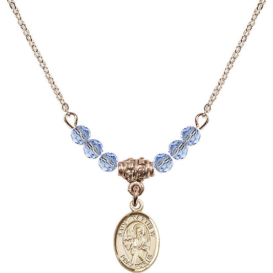 14kt Gold Filled Saint Matthew the Apostle Birthstone Necklace with Light Sapphire Beads - 9074