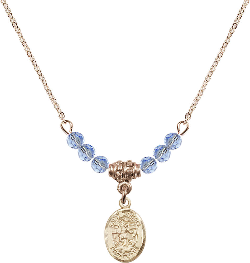 14kt Gold Filled Saint Michael the Archangel Birthstone Necklace with Light Sapphire Beads - 9076
