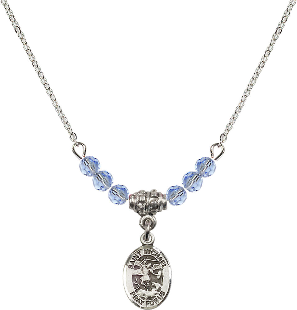 Sterling Silver Saint Michael the Archangel Birthstone Necklace with Light Sapphire Beads - 9076