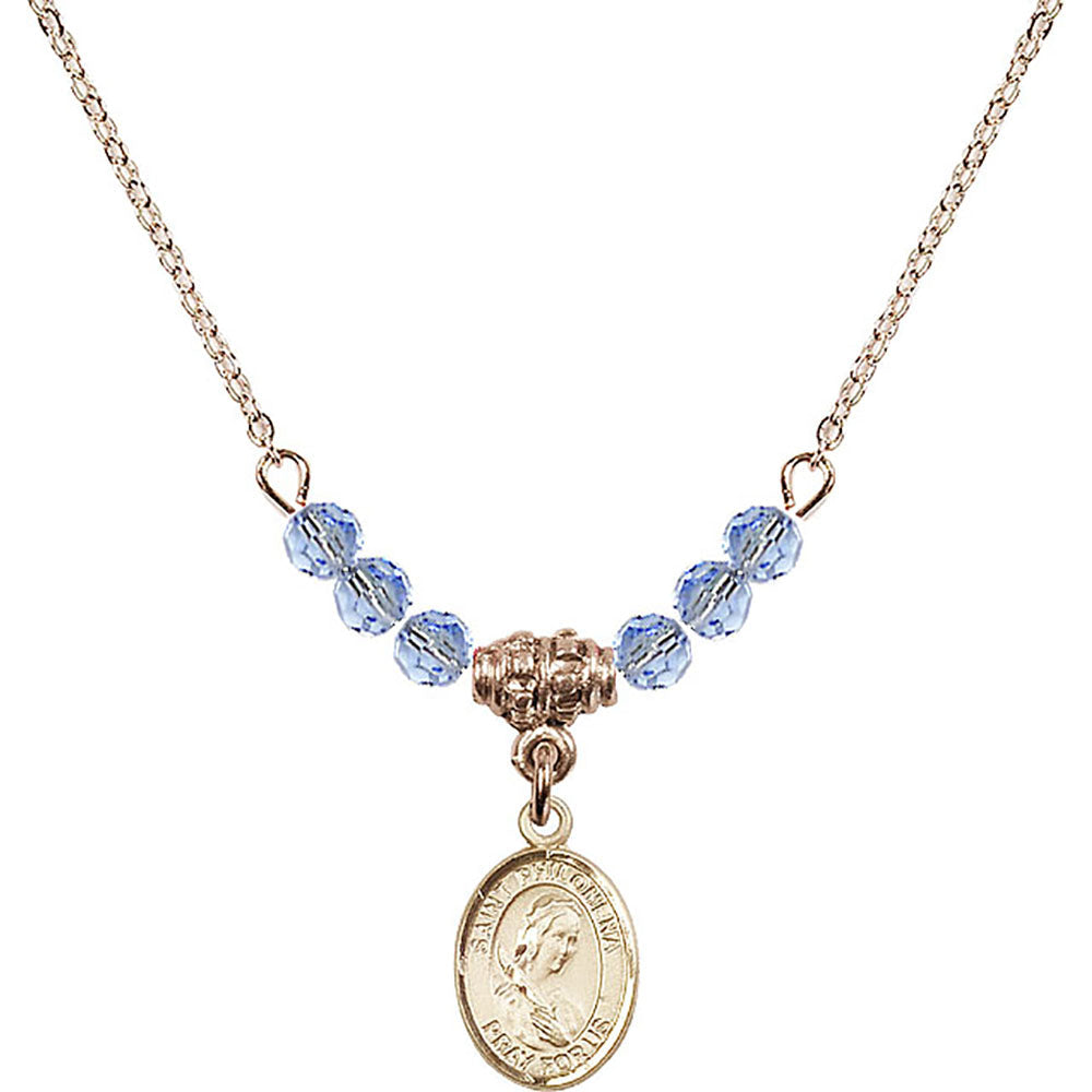 14kt Gold Filled Saint Philomena Birthstone Necklace with Light Sapphire Beads - 9077