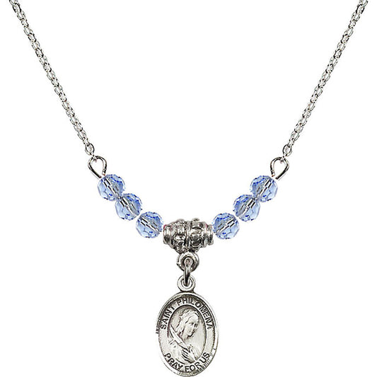 Sterling Silver Saint Philomena Birthstone Necklace with Light Sapphire Beads - 9077