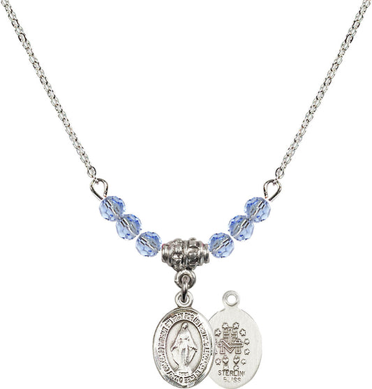 Sterling Silver Miraculous Birthstone Necklace with Light Sapphire Beads - 9078