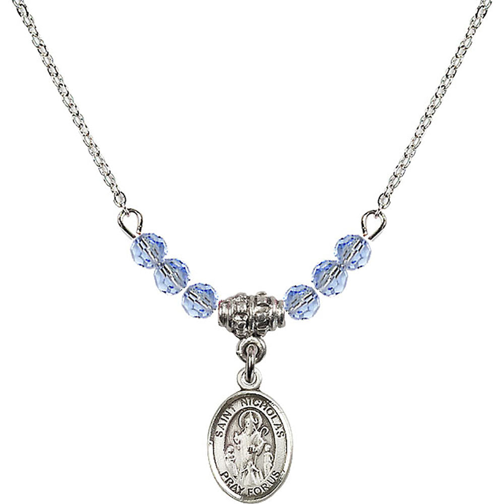 Sterling Silver Saint Nicholas Birthstone Necklace with Light Sapphire Beads - 9080
