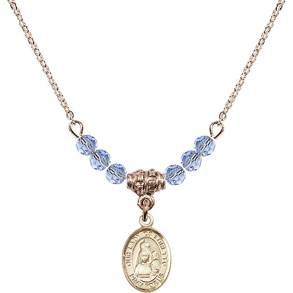 14kt Gold Filled Our Lady of Loretto Birthstone Necklace with Light Sapphire Beads - 9082