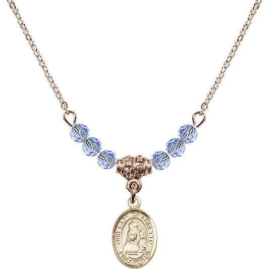 14kt Gold Filled Our Lady of Loretto Birthstone Necklace with Light Sapphire Beads - 9082