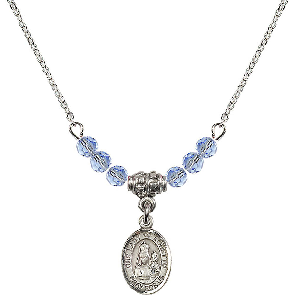 Sterling Silver Our Lady of Loretto Birthstone Necklace with Light Sapphire Beads - 9082