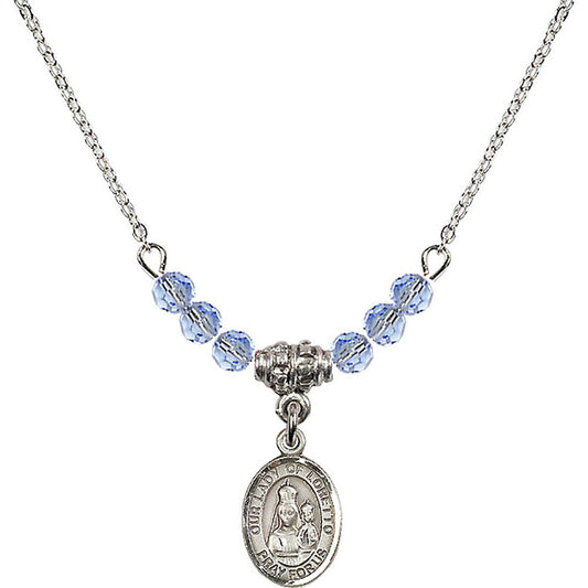 Sterling Silver Our Lady of Loretto Birthstone Necklace with Light Sapphire Beads - 9082