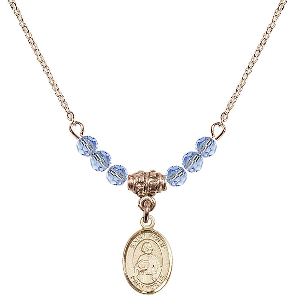 14kt Gold Filled Saint Philip the Apostle Birthstone Necklace with Light Sapphire Beads - 9083