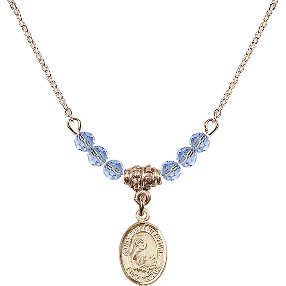 14kt Gold Filled Saint Bonaventure Birthstone Necklace with Light Sapphire Beads - 9085