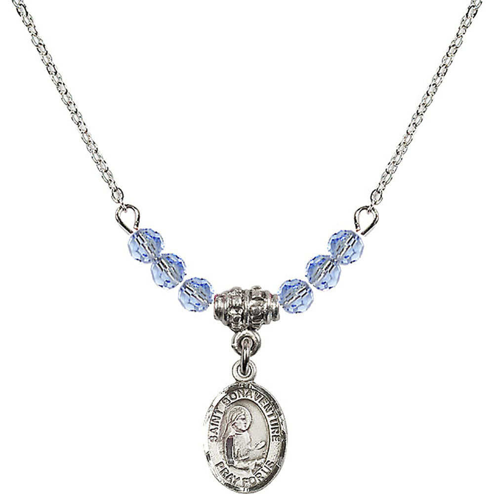 Sterling Silver Saint Bonaventure Birthstone Necklace with Light Sapphire Beads - 9085