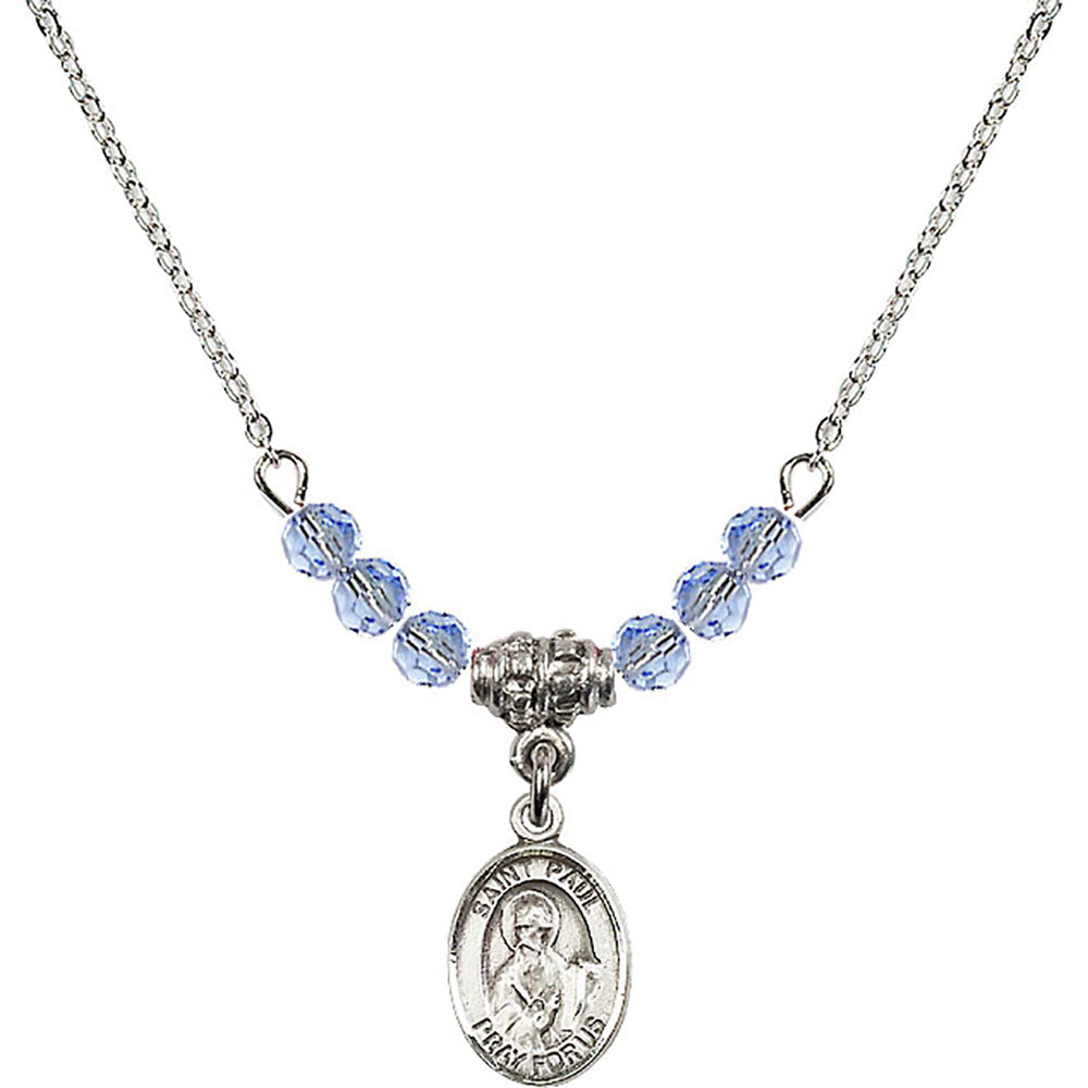 Sterling Silver Saint Paul the Apostle Birthstone Necklace with Light Sapphire Beads - 9086
