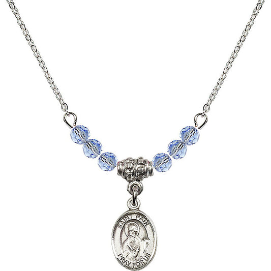 Sterling Silver Saint Paul the Apostle Birthstone Necklace with Light Sapphire Beads - 9086
