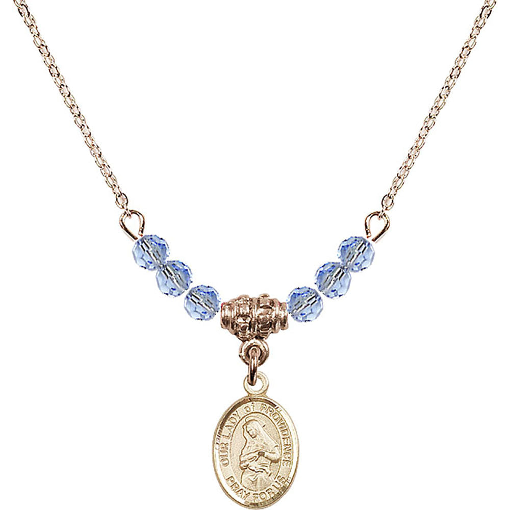 14kt Gold Filled Our Lady of Providence Birthstone Necklace with Light Sapphire Beads - 9087
