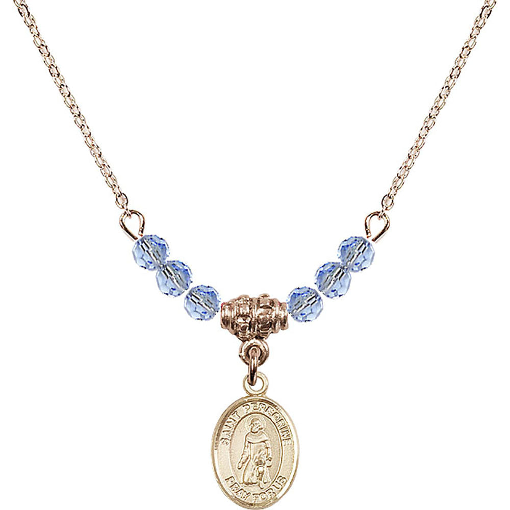 14kt Gold Filled Saint Peregrine Laziosi Birthstone Necklace with Light Sapphire Beads - 9088