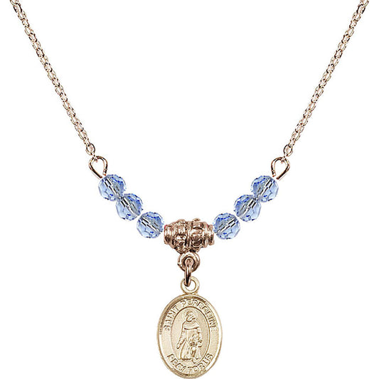 14kt Gold Filled Saint Peregrine Laziosi Birthstone Necklace with Light Sapphire Beads - 9088